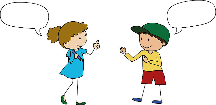Illustration von zwei Kindern; ein Mächend steht links, Bub steht rechts; beide schauen sich an und unterhalten sich; je eine leere Sprechblase geht vom Kind aus;